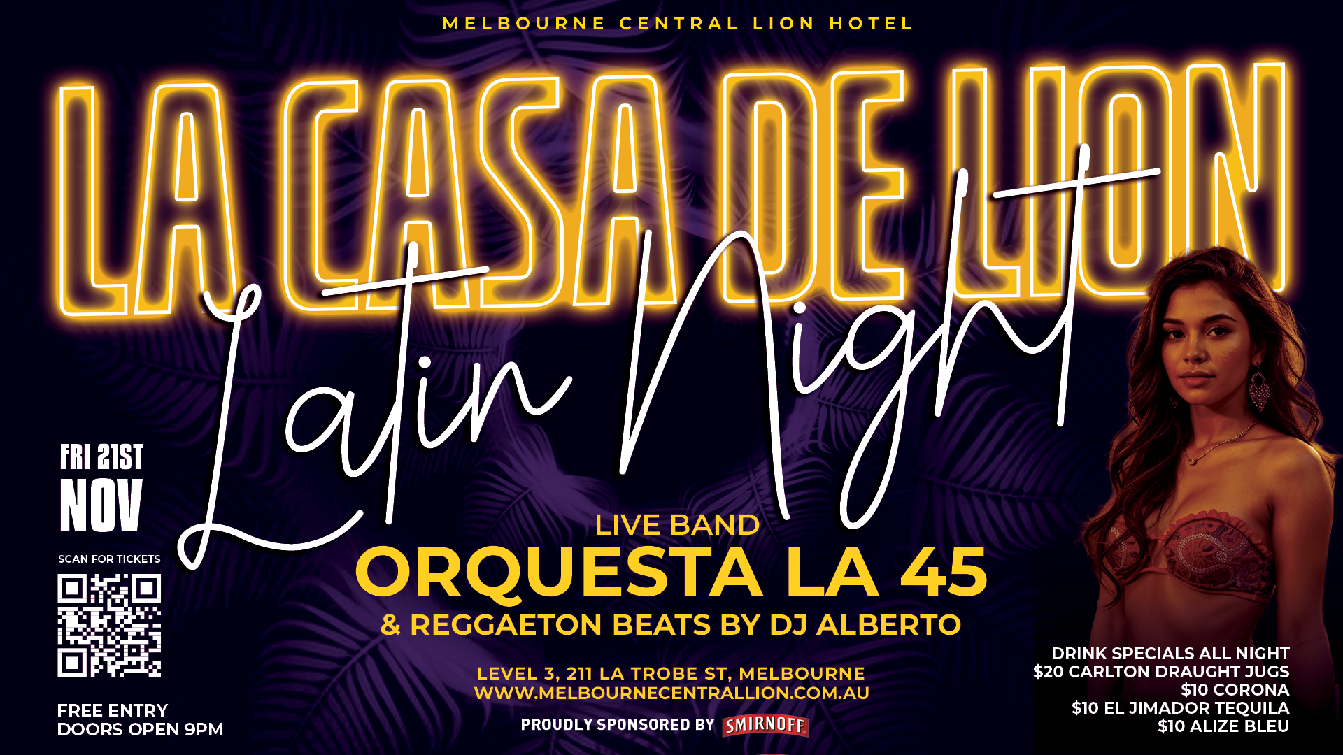 Latin Night at Melbourne Central Lion. Free Entry from 9pm on November 21st 2025.