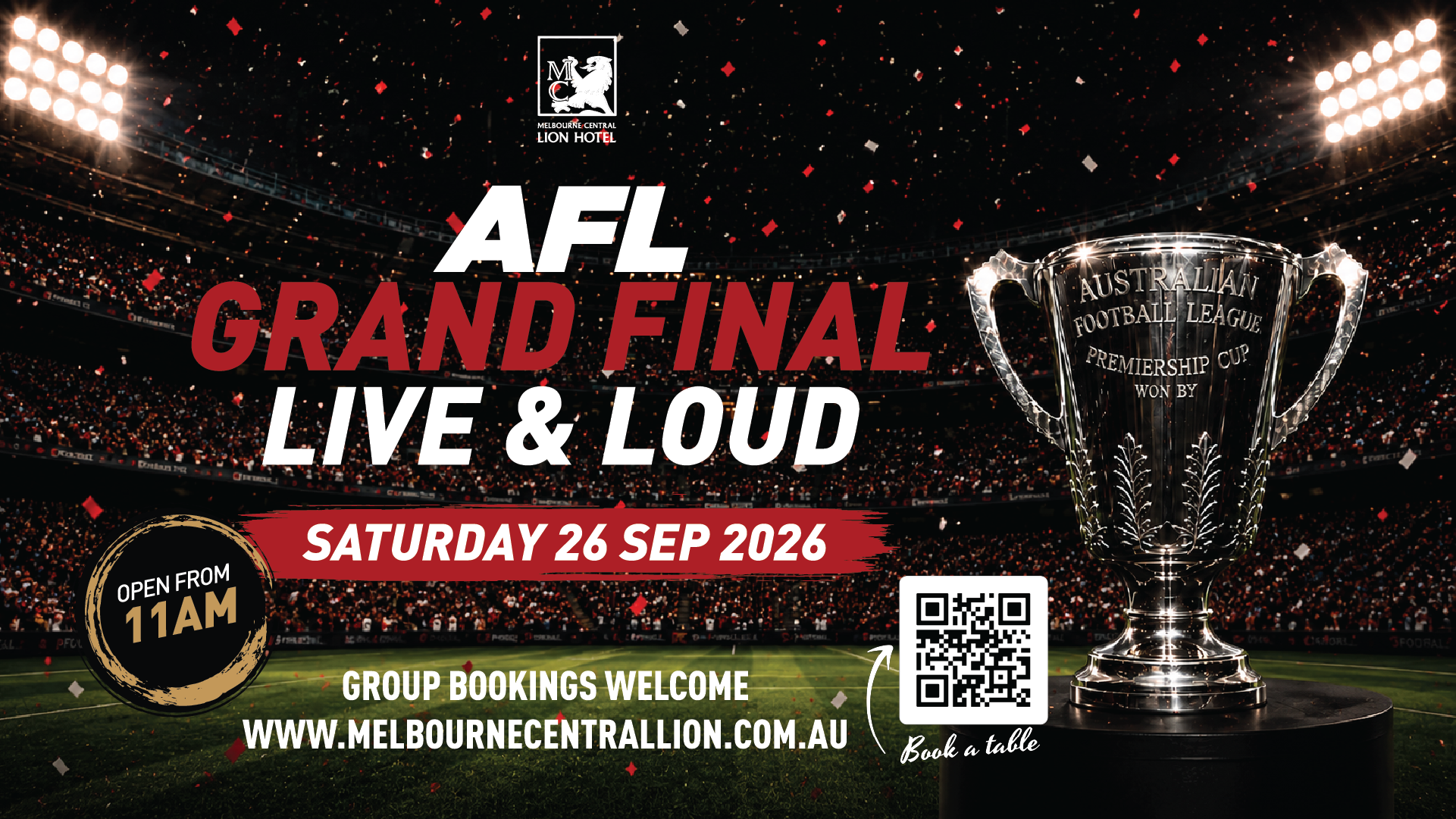 AFL Grand Final 2026 live and loud at Melbourne Central Lion, Saturday 26 September, open from 11am in Melbourne CBD.