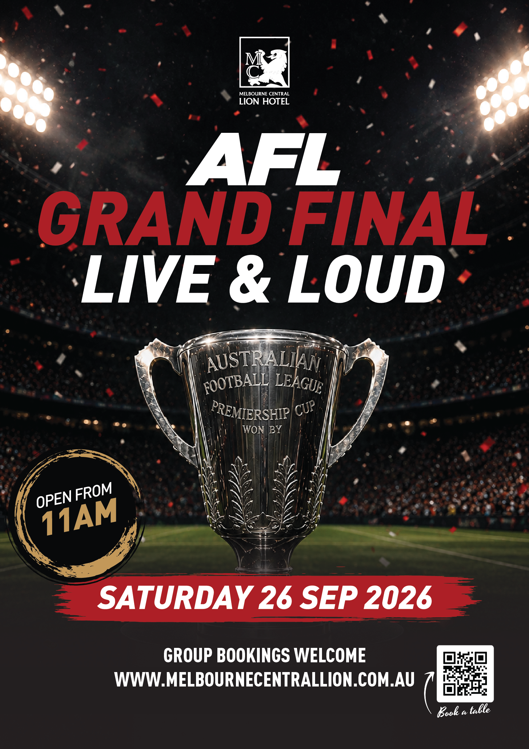 AFL Grand Final 2026 live and loud at Melbourne Central Lion, Saturday 26 September, open from 11am in Melbourne CBD.